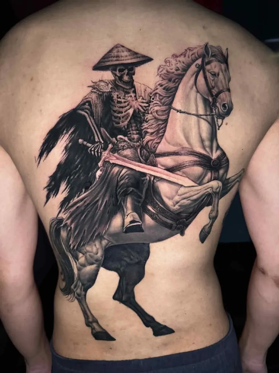 Realistic mounted warrior tattoo by RUN INK Tattoo Bangkok