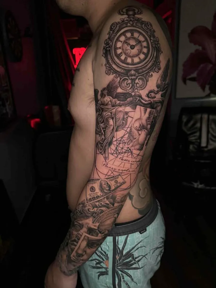 Black and Grey full sleeve tattoo by RUN INK Tattoo Bangkok