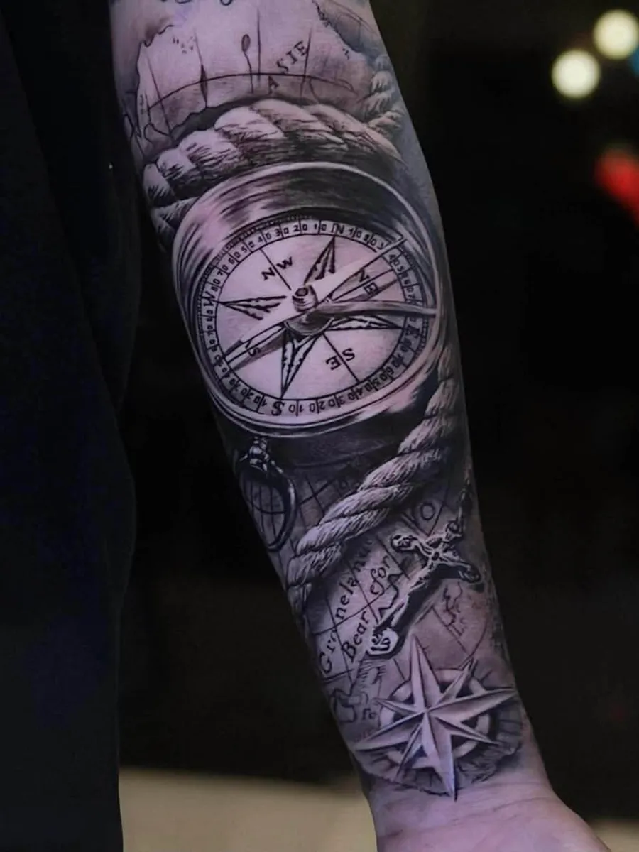 Black and Grey compass tattoo by RUN INK Tattoo Bangkok