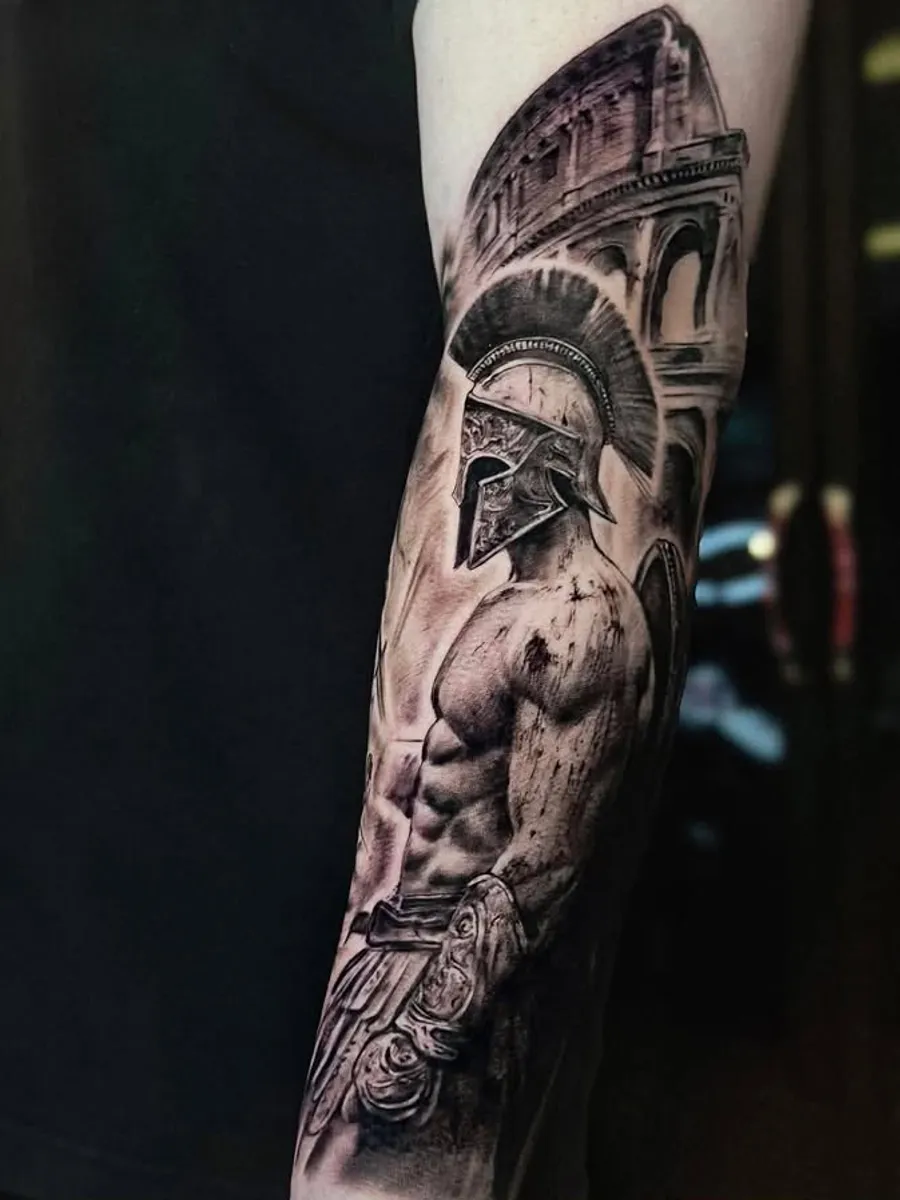Realistic Spartan warrior tattoo by RUN INK Tattoo Bangkok