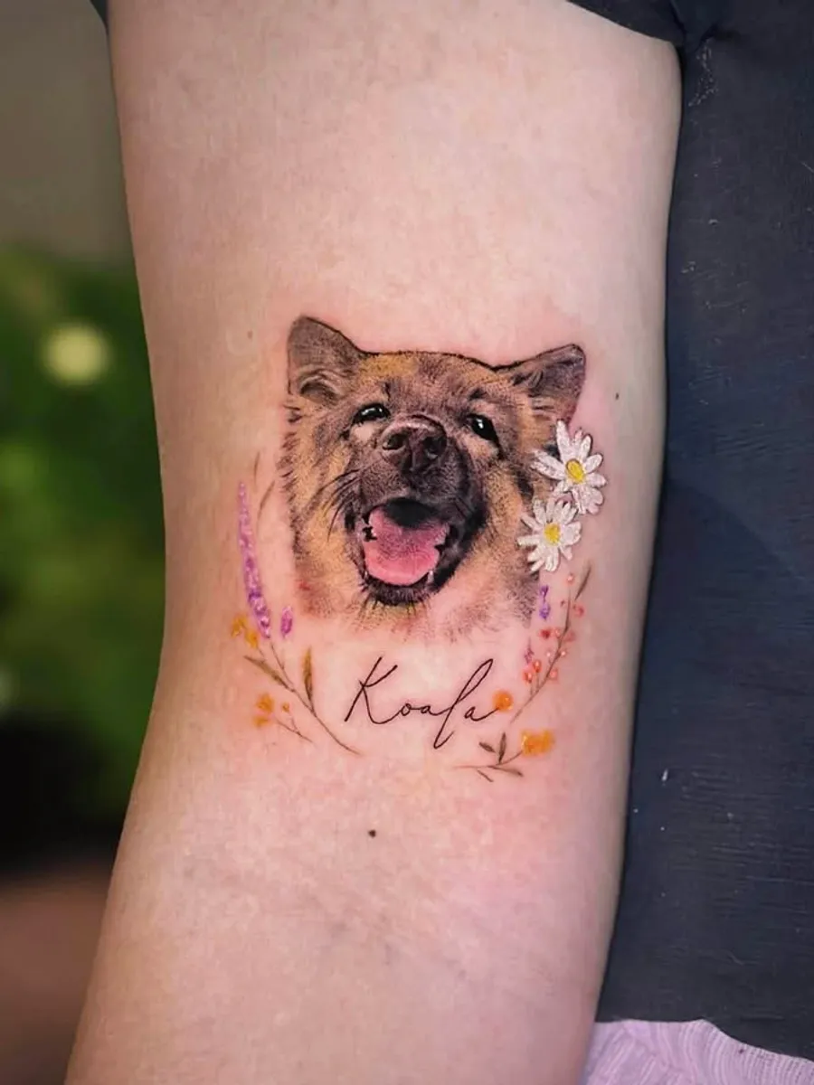 Color watercolor dog tattoo by RUN INK Tattoo Bangkok