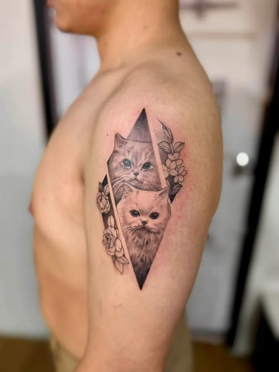 Black and Grey geometric cat tattoo by RUN INK Tattoo Bangkok