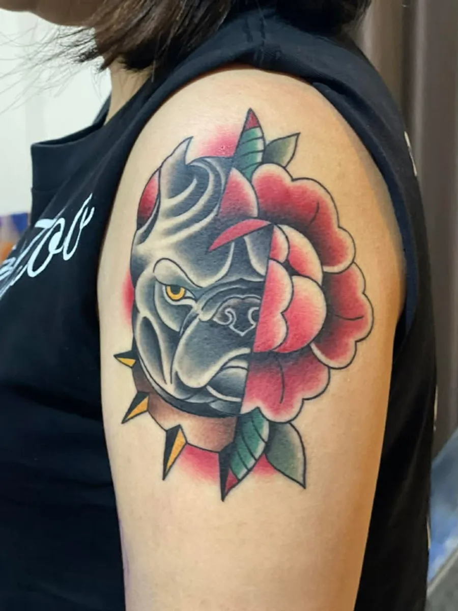 Old School bulldog and rose tattoo by RUN INK Tattoo Bangkok