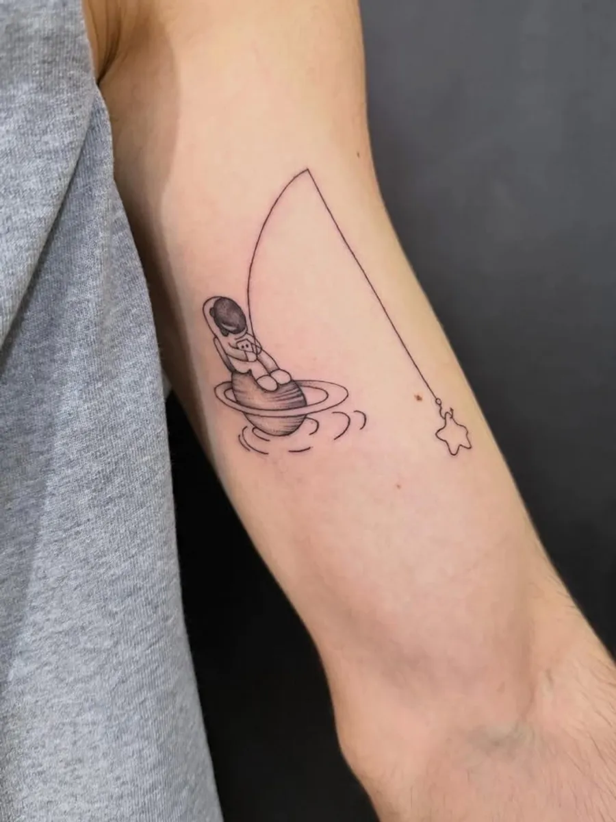 Fine Line fishing scene tattoo by RUN INK Tattoo Bangkok