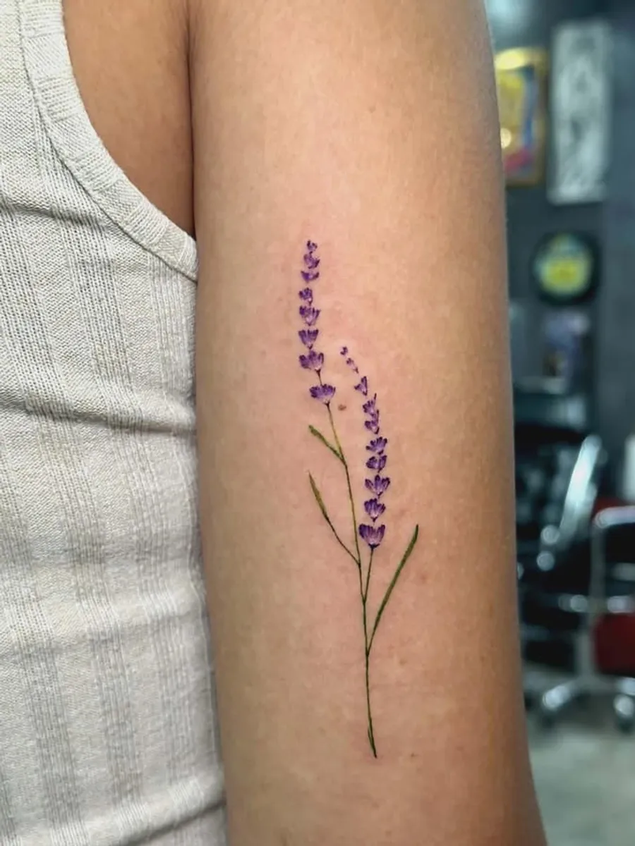 Fine Line lavender tattoo by RUN INK Tattoo Bangkok