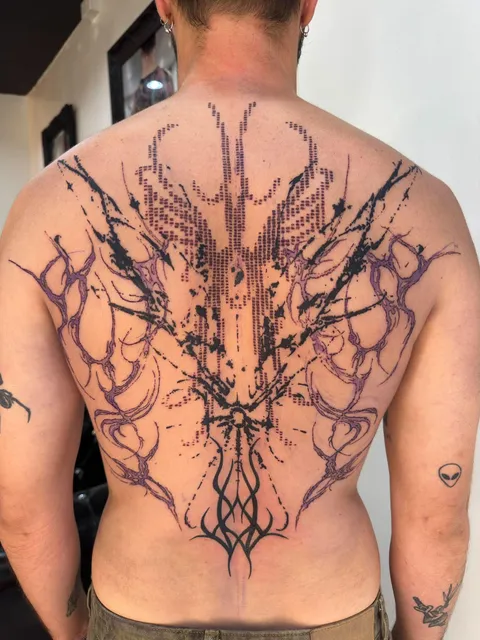 Black and Grey abstract full backpiece tattoo by RUN INK Tattoo Bangkok