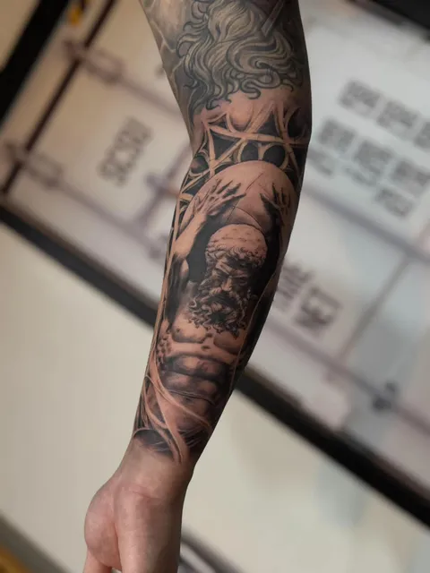 Black and Grey forearm sleeve tattoo by RUN INK Tattoo Bangkok