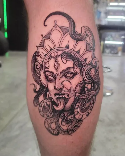 Black and Grey Goddess Kali calf tattoo by RUN INK Tattoo Bangkok