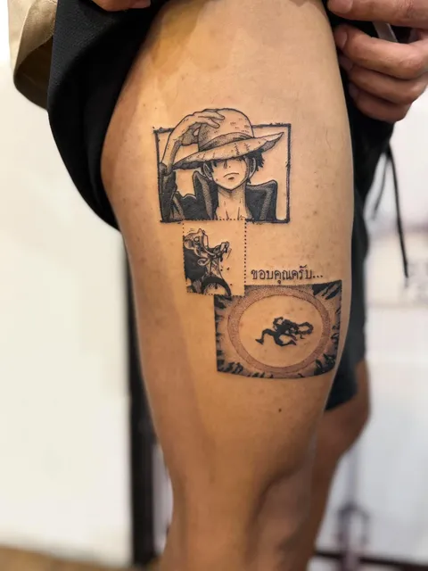 Black and Grey manga panels thigh tattoo by RUN INK Tattoo Bangkok