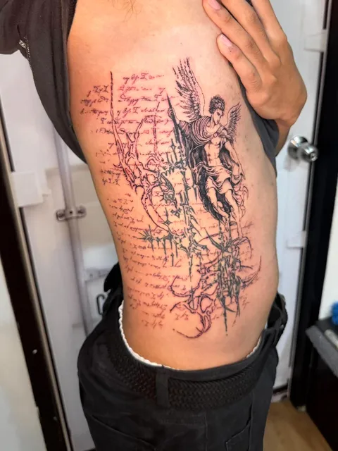 Fine Line angel and script ribs tattoo by RUN INK Tattoo Bangkok