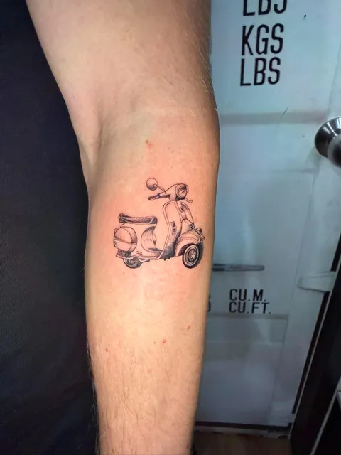 Fine Line Vespa scooter tattoo by RUN INK Tattoo Bangkok