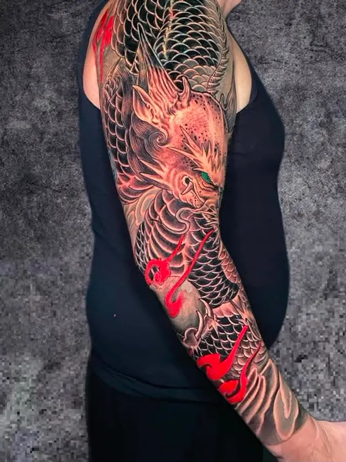 ผลงานสัก Japanese มังกรสลีฟเต็มแขน โดย RUN INK Tattoo Bangkok