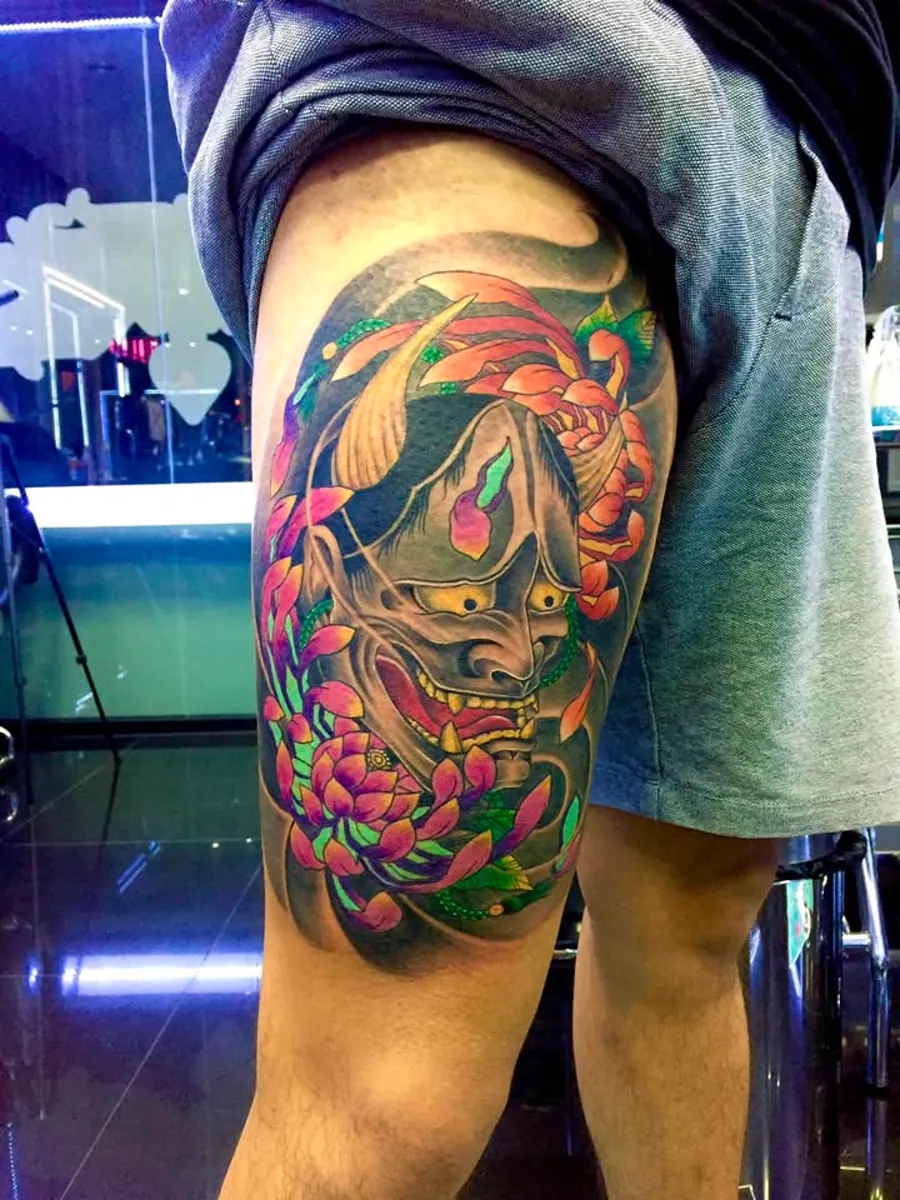 ผลงานสัก Japanese Irezumi หน้ากากฮันเนีย โดย RUN INK Tattoo Bangkok