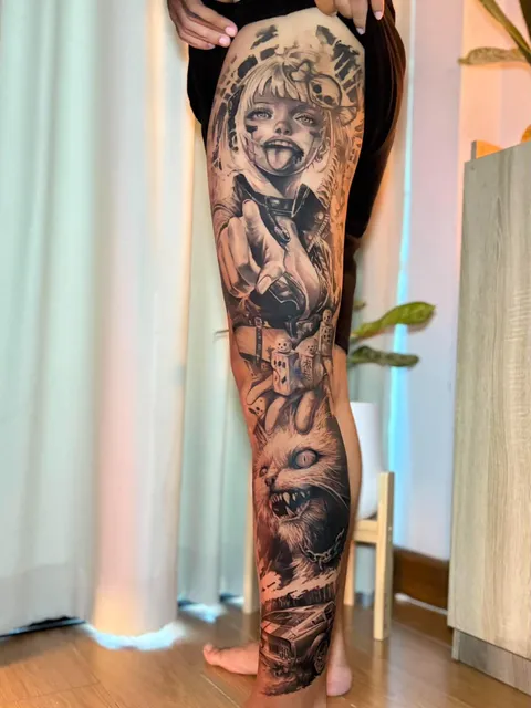 Realistic full leg sleeve tattoo by RUN INK Tattoo Bangkok