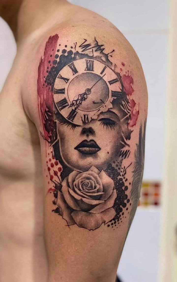 Clock and Rose Tattoo